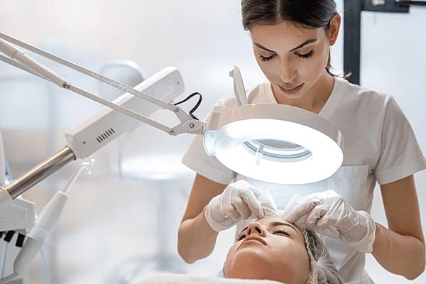 Esthetician performing treatment under a magnifying lamp.