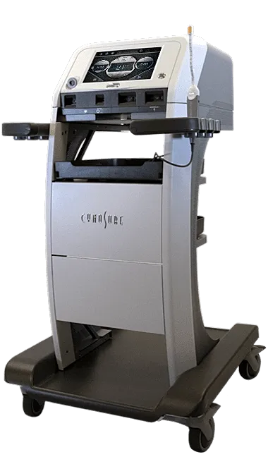 Medical aesthetic equipment on a wheeled cart.